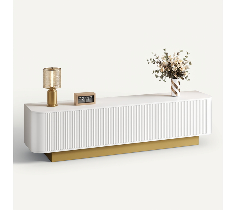 Meuble TV Moderne 170x40,5x47 Cm Avec 3 Portes, Design Arrondi, Rangement, En Mdf, Blanc