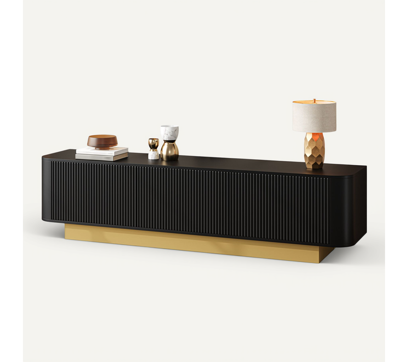 Meuble TV Moderne 170x40,5x47 Cm Avec 3 Portes, Design Arrondi, Rangement, En Mdf, Noir
