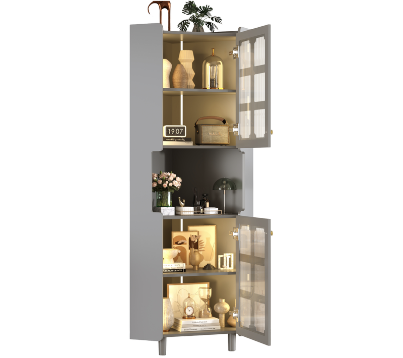 Caisson D'angle 63,5×157,5 Cm Avec LED, 2 Portes En Verre, Rangement, En Mdf, Gris