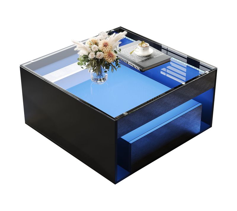 Table Basse 70x70x35 Cm Avec 2 Tiroirs, Plateau En Verre Trempé, LED, En Mdf, Noir