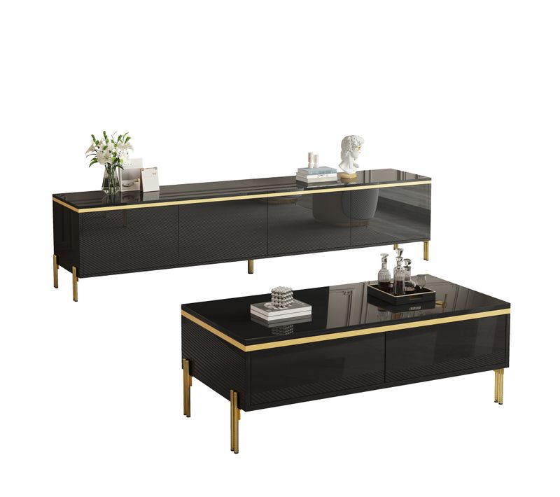 Salon complet - Meuble TV 4 portes 170 L Et Table Basse 2 tiroirs 100 cm, Panneaux Particules, Noir