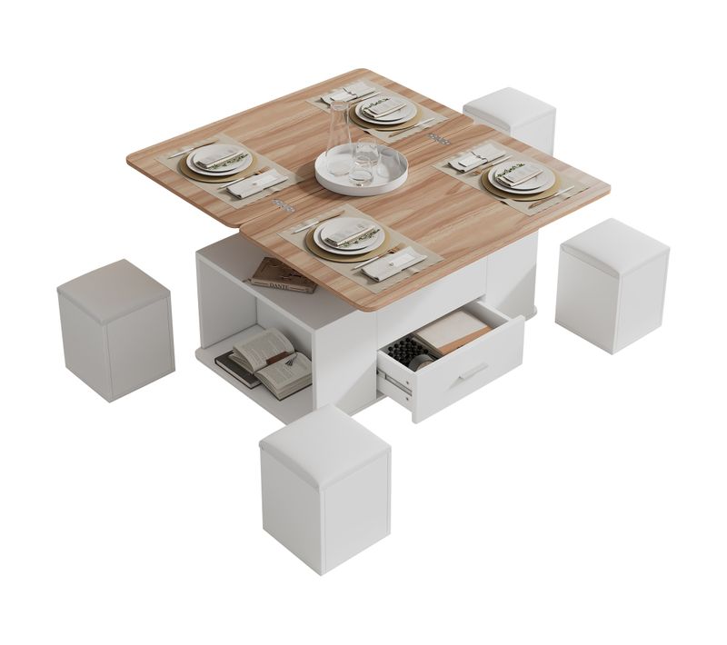 Table Basse Relevable Avec 4 Tabourets, Tiroir, Panneaux De Particules, Blanc Et Naturel