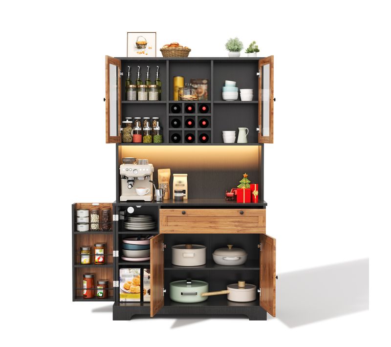 Vitrine LED 105x40x180 Cm, Tiroir, 5 Portes, Étagères Réglables, USB, Porte-condiments, Mdf, Noir