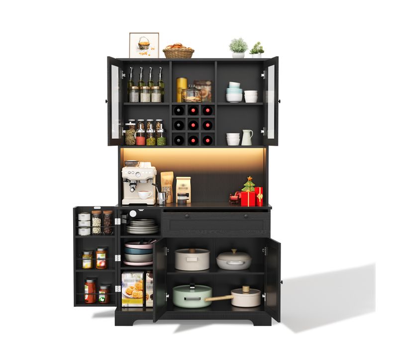 Vitrine LED 105x40x180 Cm, Tiroir, 5 Portes, Étagères Réglables, USB, Porte-condiments, Mdf, Noir