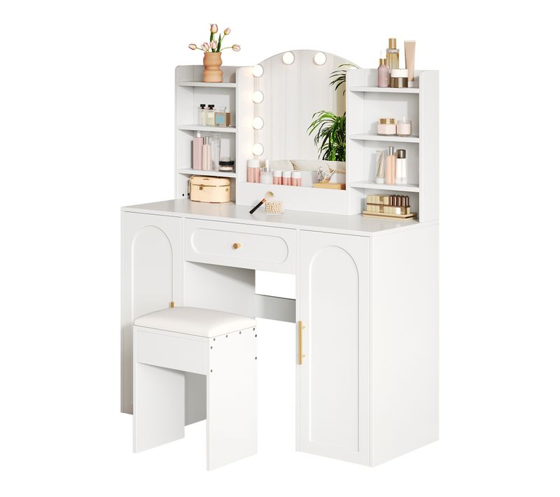 Coiffeuse 110x40x132 Cm Avec Miroir LED, 1 Tiroir, 2 Portes, Tabouret, En Mdf, Blanc