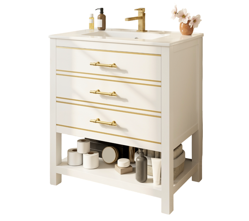 Meuble Lavabo En Mdf Et Vasque En Céramique 66x46,5x86 Cm Avec 2 Tiroirs, Rangement Ouvert, Blanc