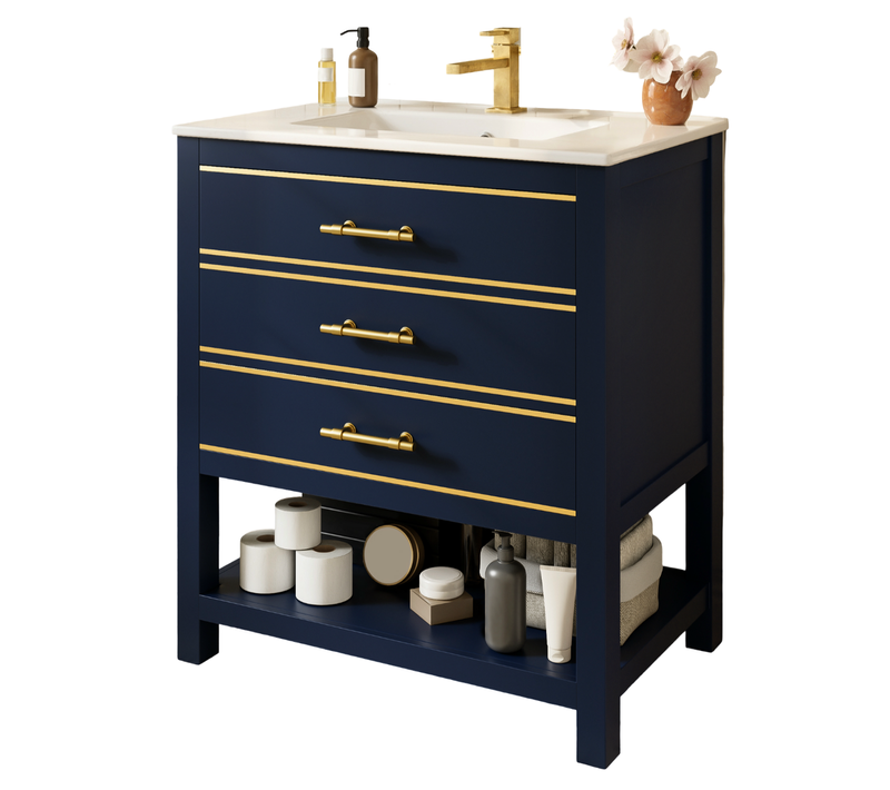 Meuble Lavabo En Mdf Et Vasque En Céramique 76x46,5x86 Cm Avec 2 Tiroirs, Rangement Ouvert, Bleu