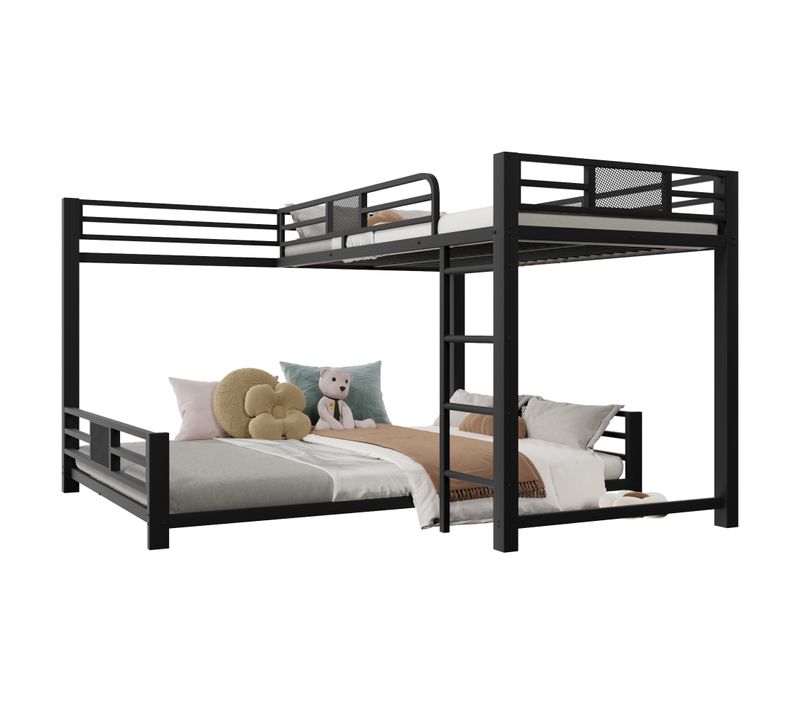 Lit Superposé Enfant 90x200/140x200 Cm, Lit En L Avec Barrières De Sécurité, Métal, Noir