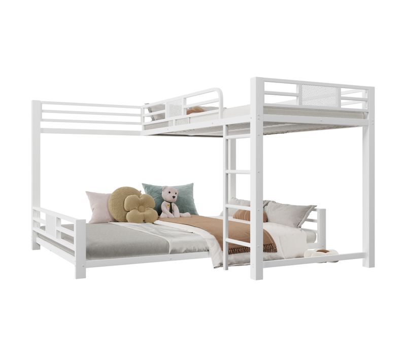 Lit Superposé Enfant 90x200/140x200 Cm, Lit En L Avec Barrières De Sécurité, Métal, Blanc