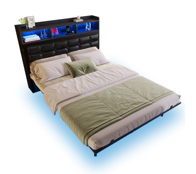 Lit Adulte 140x190 Cm Avec Tête De Lit, LED, USB-c, 2 Tables De Chevet Coulissantes, En Fer, Gris