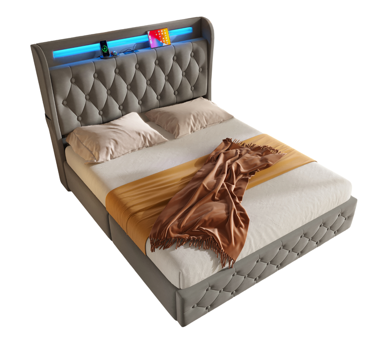 Lit Adulte 140x190 Cm Lit Double Avec LED, USB, Tête De Lit, 4 Tiroirs, En Velours, Gris