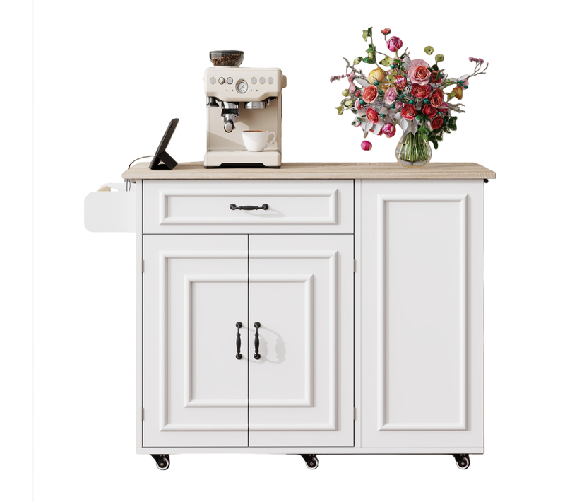 Îlot De Cuisine Mobile 110x40/70x90 Cm Avec 1 Tiroir, Prise, Rangements, Roulettes, Mdf, Blanc
