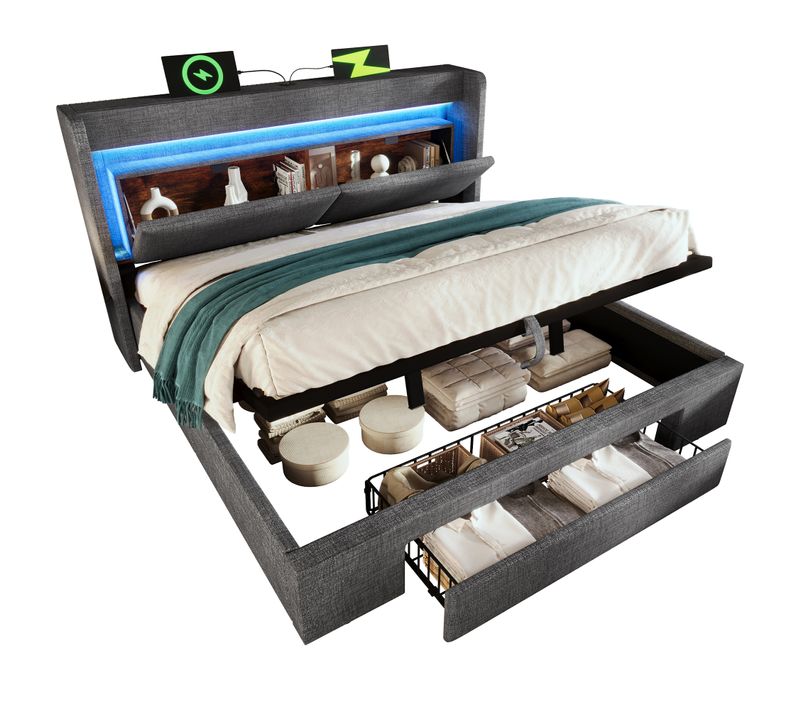 Lit Coffre 180x200 Cm Avec 1 Tiroir, Éclairage LED, Tête De Lit, Prises USB-c, En Lin, Gris