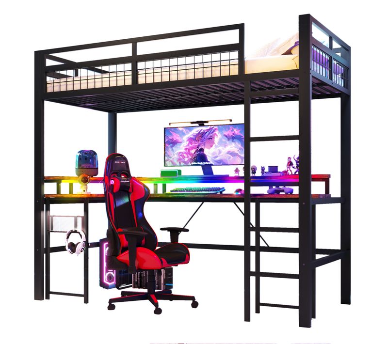 Lit Mezzanine Enfant 90x200 Cm, Lit Simple Avec Bureau, LED, USB Et Type-c, Métal, Noir