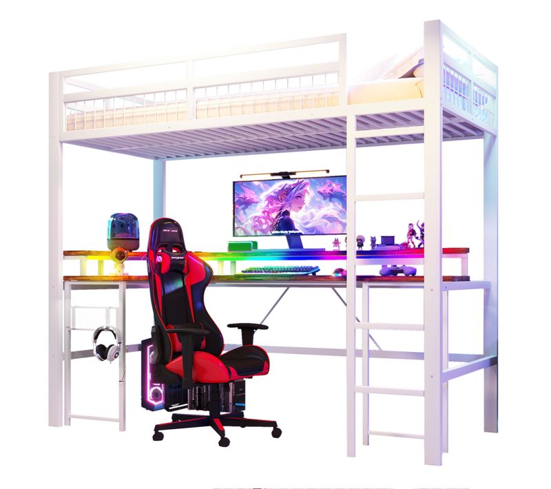 Lit Mezzanine Enfant 90x200 Cm, Lit Simple Avec Bureau, LED, USB Et Type-c, Métal, Blanc