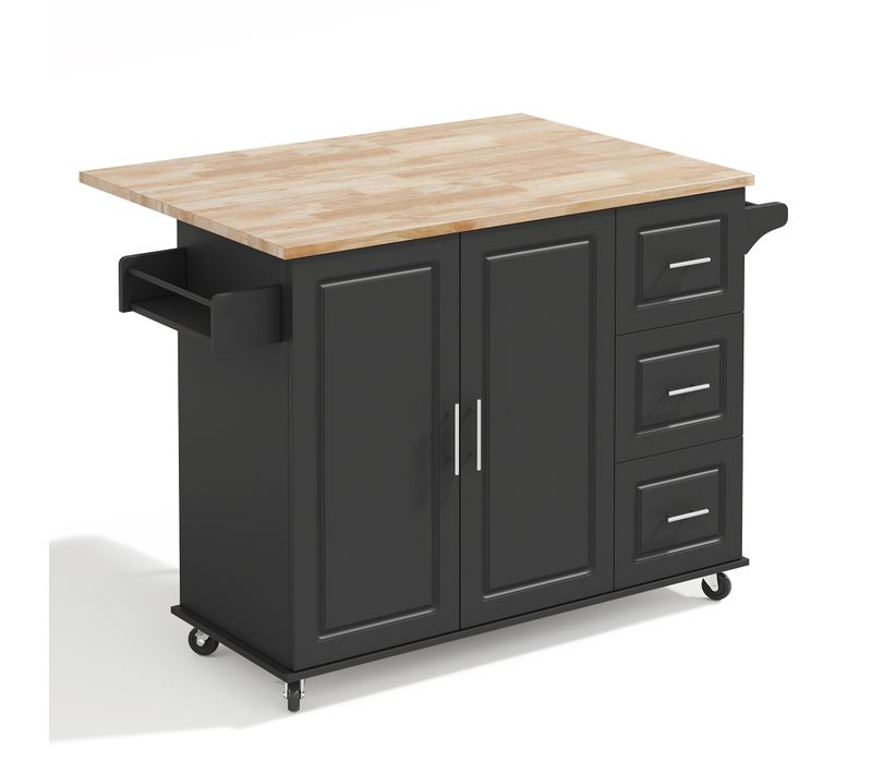 Îlot De Cuisine Mobile 137x43/76x92 Cm, 3 Tiroirs, 2 Portes, Plateau Rabattable, Mdf, Noir