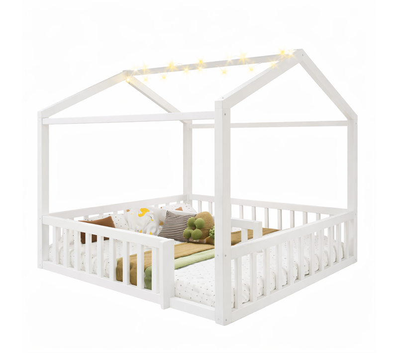 Lit Cabane Enfant 90x190/180x190 Cm Avec LED Et Barrières De Sécurité, Bois, Blanc