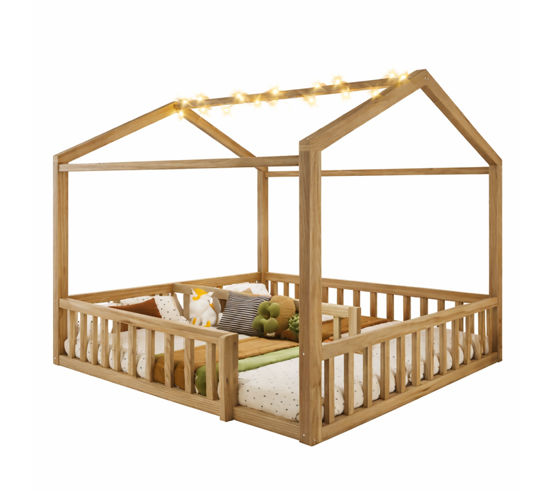 Lit Cabane Enfant 90x190/180x190 Cm Avec LED Et Barrières De Sécurité, Bois, Couleur Bois