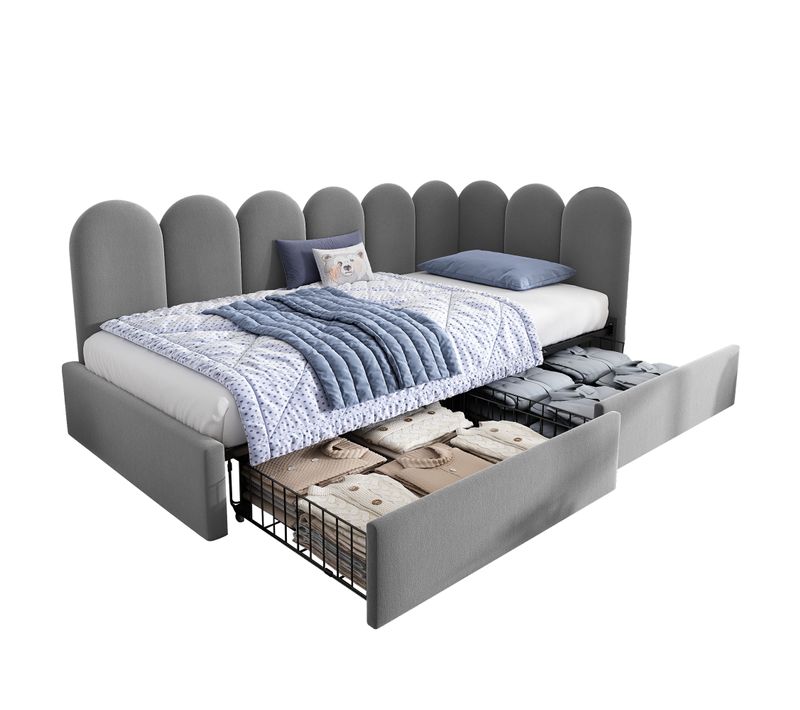 Lit Enfant 90x190 Cm, Lit Simple Avec 2 Tiroirs De Rangement, Velours, Gris