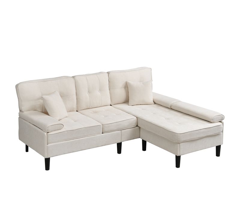 Canapé D’angle Modulable 3 Places Avec Pouf Mobile, 2 Coussins, En Chenille, Beige Clair