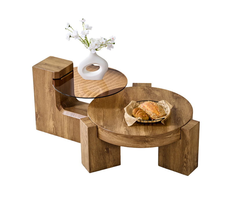 Ensemble De Tables Basses Séparables Idéal Pour Les Petits Salons, En Mdf Et Verre, Couleur Bois