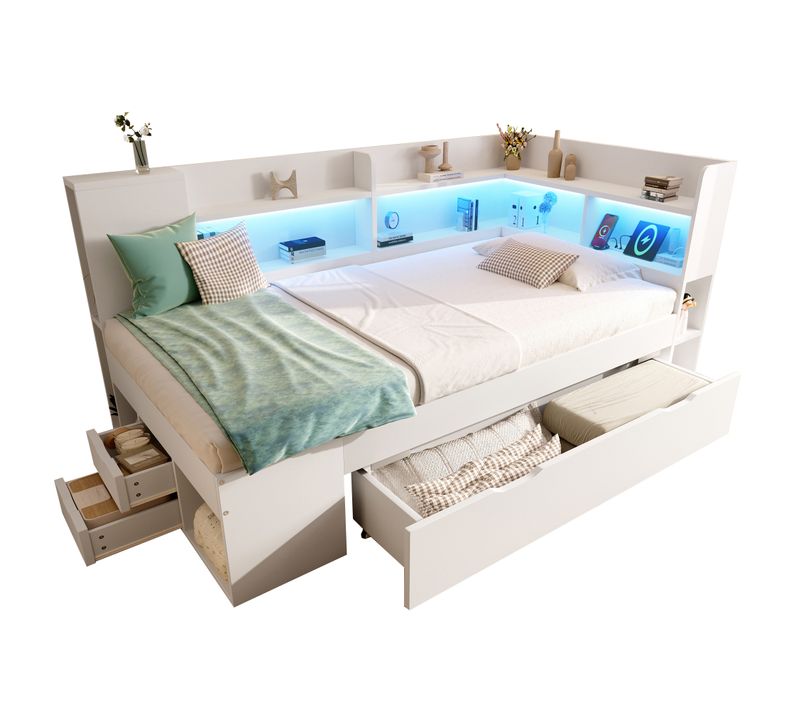 Lit Enfant 90x190 Cm, Lit Simple Avec 3 Tiroirs, Étagères, LED, USB Et Type-c, Bois, Blanc