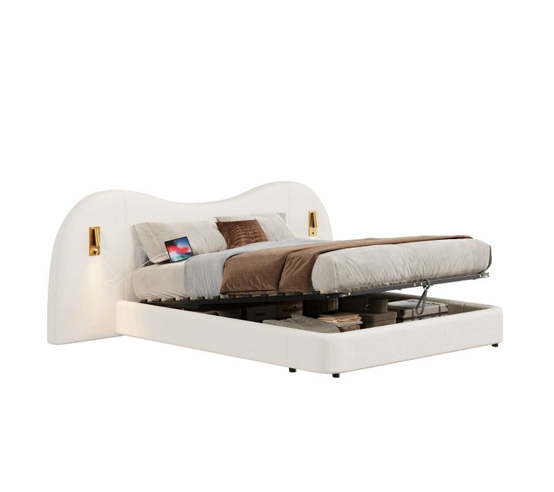 Lit Coffre Adulte 180x200 Cm Avec Rangement , Lit Double Avec USB Et 2 Lampes, Tissu, Blanc