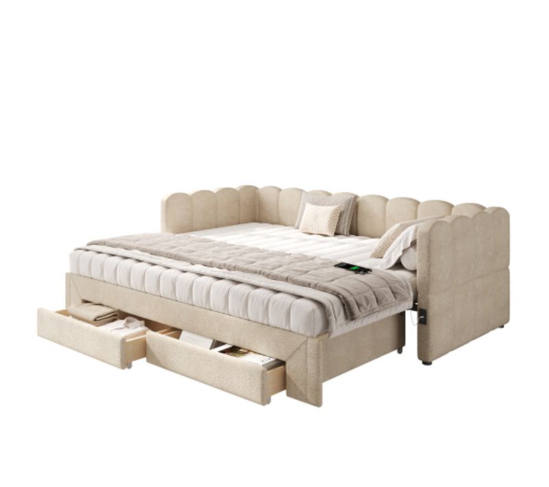 Lit Gigogne Enfant 90x200 Cm Extensible 180 Cm Avec USB Et 2 Tiroirs, Tissu, Beige