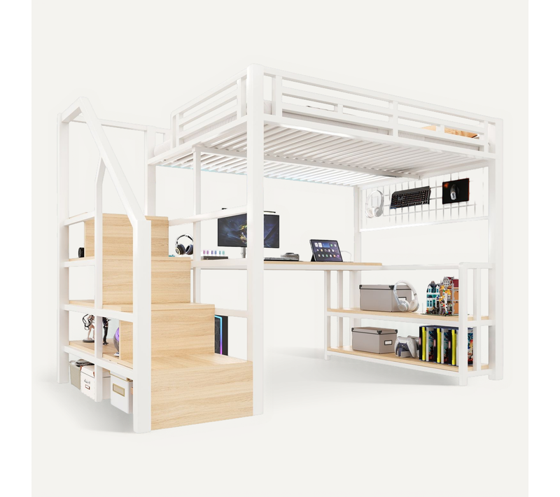 Lit Mezzanine 140x200 Cm Avec étagère, Escalier, Grillage, LED, Bureau, USB-c, Métal, Blanc