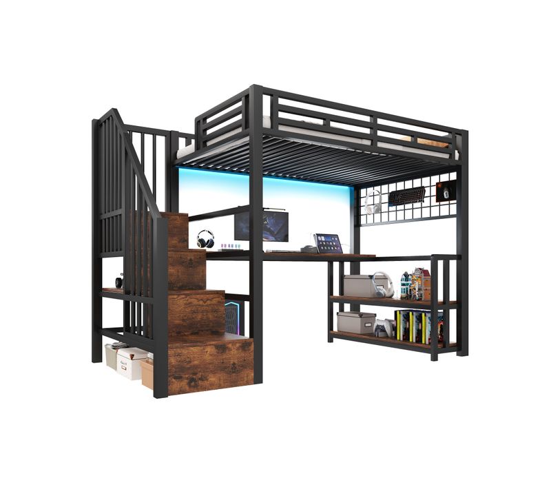 Lit Mezzanine 90x200 Cm Avec Étagère, Escalier, Grillage, LED, Bureau, USB-c, Métal, Noir