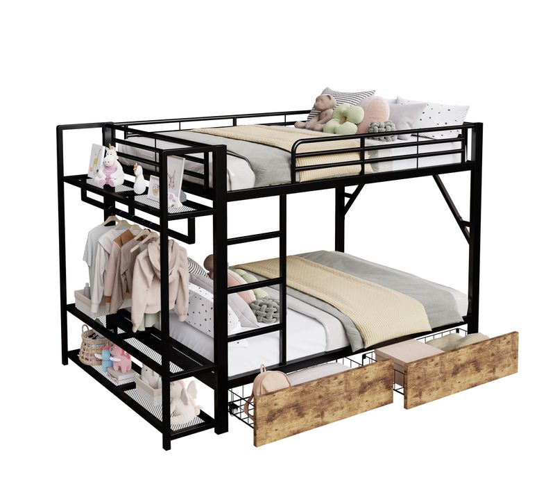 Lit Superposé 140x200 Cm Avec 2 Tiroirs, Étagères Multiples, LED, Porte-vêtements, En Métal, Noir
