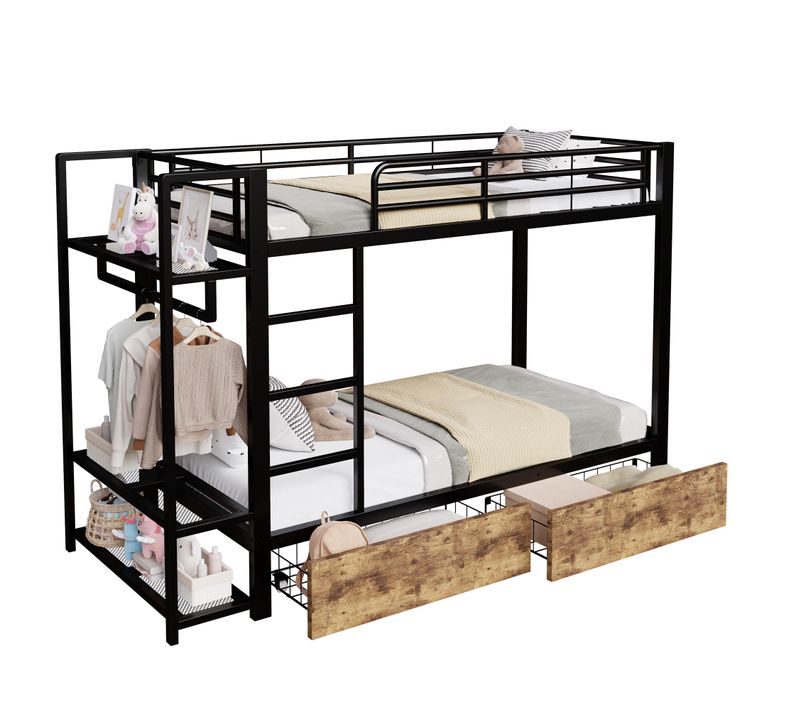 Lit Superposé Enfant 90x200 Cm Avec 2 Tiroirs, Étagères Et LED, Métal, Noir