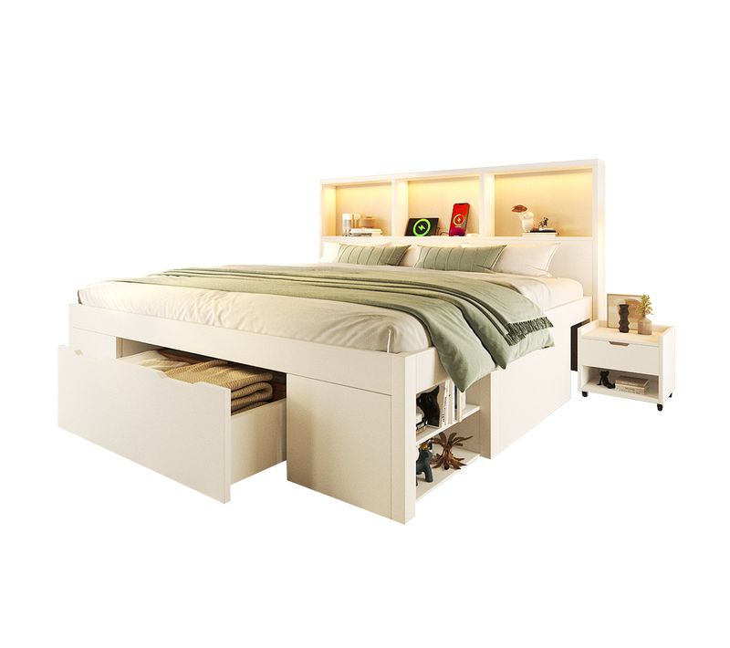 Lit Adulte Lit Double 140x190 Cm, 2 Tiroirs, Étagères, Table De Chevet, LED Et USB-c, Bois, Blanc