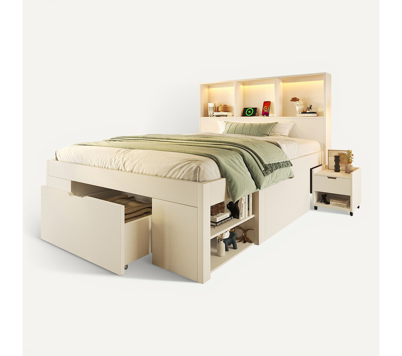 Lit Enfant Lit Simple 90x200 Cm, 2 Tiroirs, Étagères, Table De Chevet, LED Et USB-c, Bois, Blanc