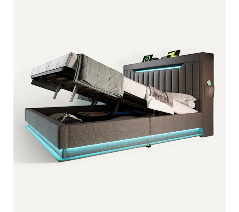Lit Coffre Adulte 140x190 Cm Avec Rangement , Lit Double Avec LED, USB Et Type-c, Lin, Gris