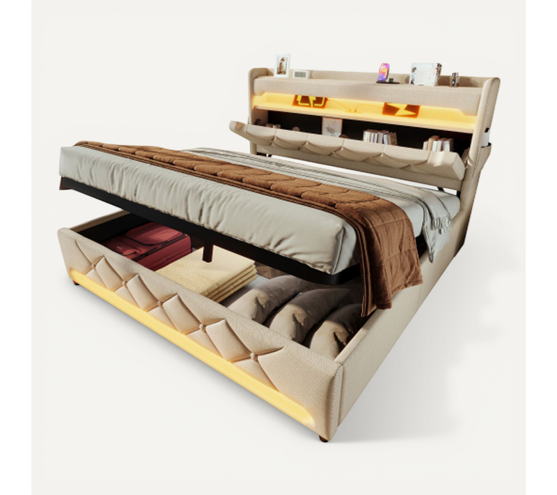 Lit Coffre Adulte 140x190 Cm Avec Rangement , Lit Double Avec LED, USB Et Type-c, Lin, Beige