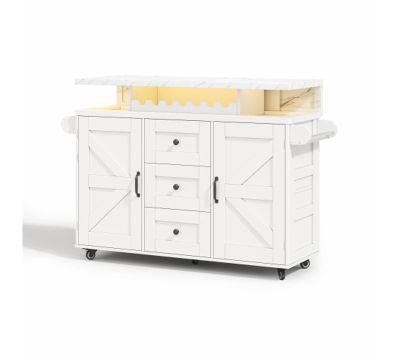 Îlot De Cuisine Mobile 120x42/60x93 Cm Avec 3 Tiroirs, 2 Portes, Plateau Rabattable, Mdf, Blanc