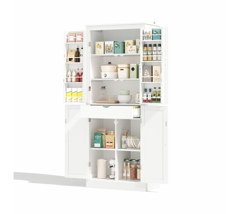 Buffet De Cuisine 75x40x182 Cm Avec Tiroir, 4 Portes Et Étagères, Mdf, Blanc