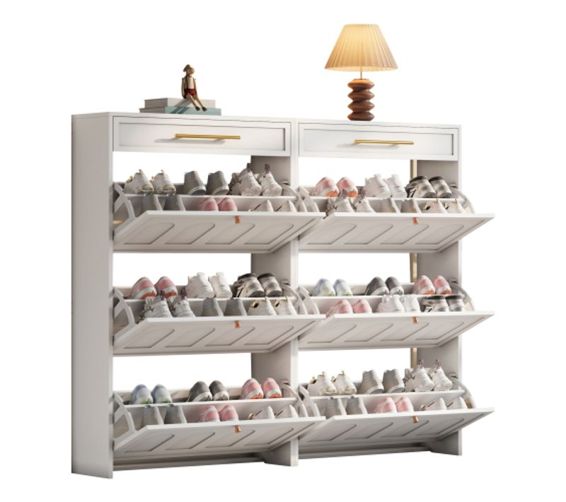 Meuble à Chaussures 2 Pièces 140x25x125 Cm, 6 Portes Basculante Et 2 Tiroirs, Mdf, Blanc