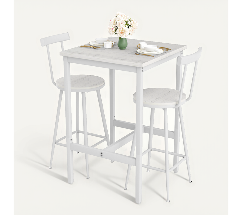 Ensemble Table Bar Carrée 60x60x92 Cm Avec 2 Tabourets, Pieds Réglables, Cadre En Acier, Blanc