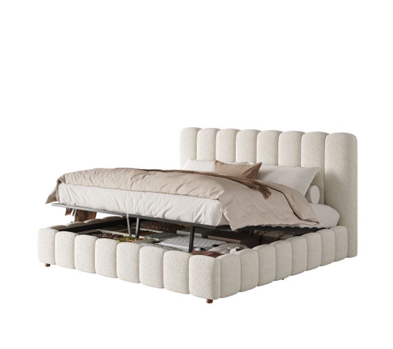 Lit Coffre Adulte 200x200 Cm, Lit Double Avec Tête De Lit Et Rangement, Tissu, Beige