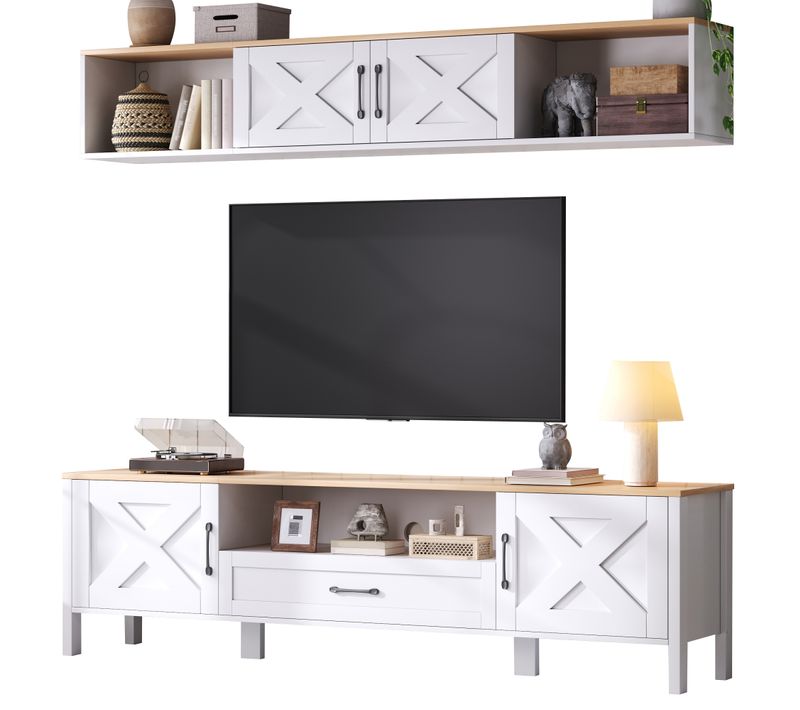 Meuble TV 180x40x50cm + Vitrine Suspendue, Set De 2 Pièces, Pour TV 80 Pouces, Blanc