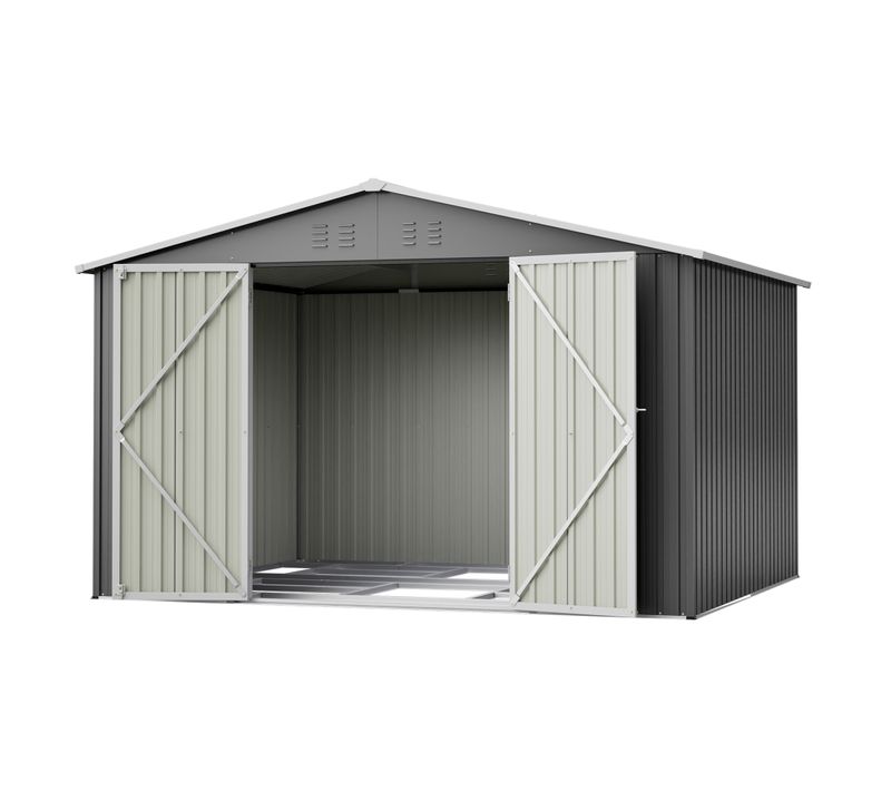 Abri De Jardin 300x252x191 Cm Avec Toit à Deux Pentes, Portes Verrouillables, En Métal, Gris