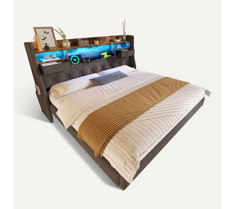 Lit Adulte 140x190 Cm Lit Double Avec 2 Tiroirs De Rangement, LED, USB Et Type-c, Lin, Gris