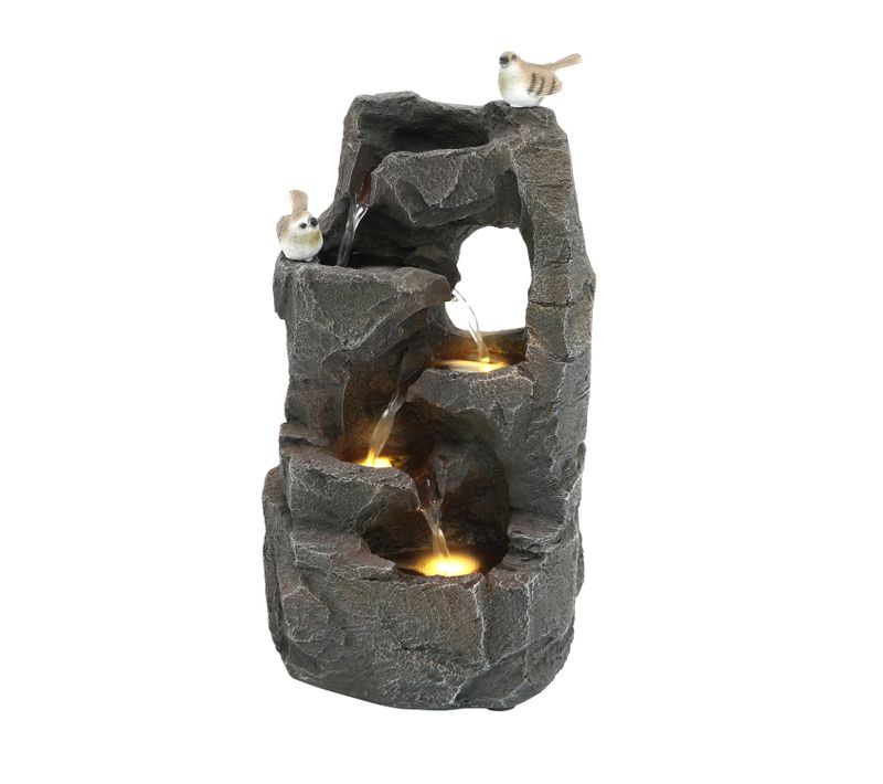 Fontaine De Jardin 25.5x19x47cm, 5 Niveaux + Décoration Oiseaux, LED, Résine Grise