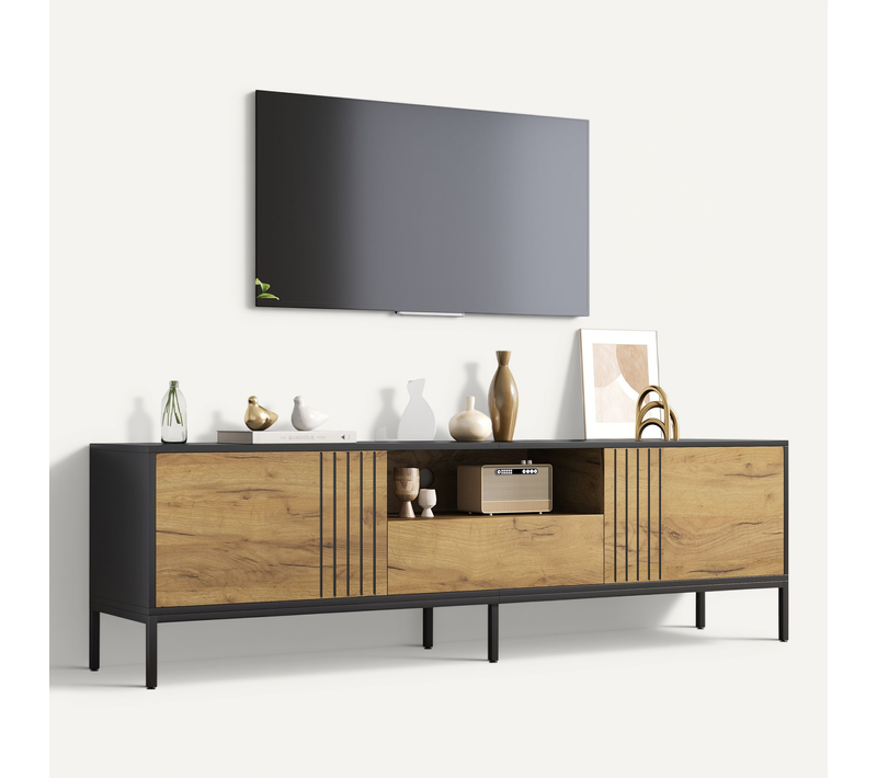 Meuble TV 170x35x50cm, 2 Portes + 1 Tiroir + 1 Niche, Pour TV 70 Pouces, Couleur Chêne