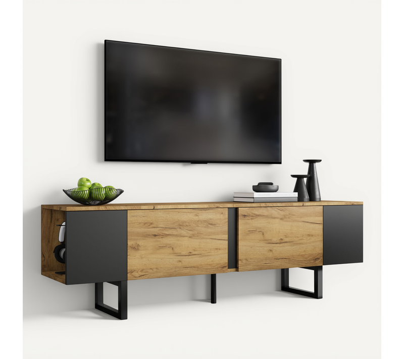 Meuble TV 180x40x55cm 2 Portes + 2 Niches, Pour TV 75 Pouces, Couleur Chêne