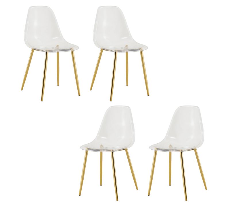 Lot De 4 Chaises En Plastique Transparentes, Pieds Métalliques Dorés, Stables Et Antidérapantes
