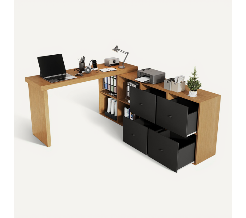 Bureau D’angle Rotatif 360° Avec 4 Tiroirs, 4 Niches, En Mdf, Chêne Et Noir