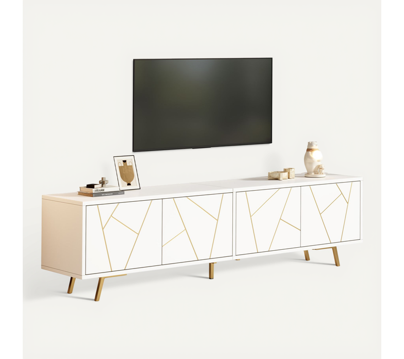 Meuble TV 190x40x51.5cm 4 Portes, 6 Pieds En Métal, Pour TV 85 Pouces, Blanc + Doré
